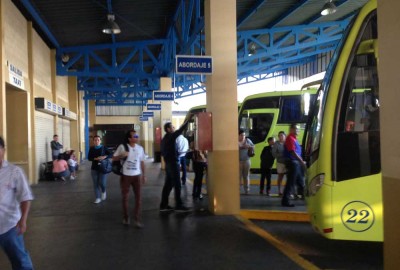 Inside the Tracopa bus terminal in San Jose, Costa Rica