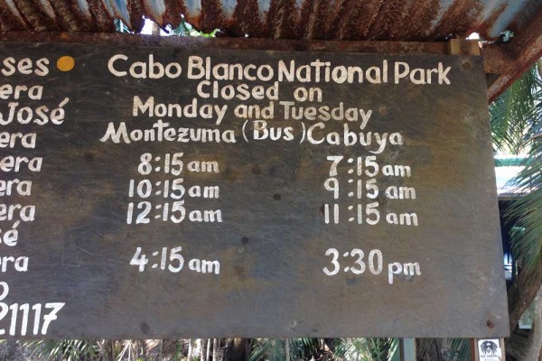 Bus schedule for busses from Montezuma to Cabo Blanco national Park