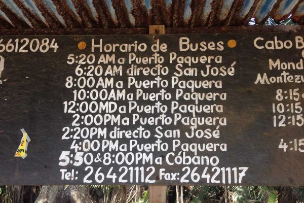 Bus schedule at the bus stop in Montezuma