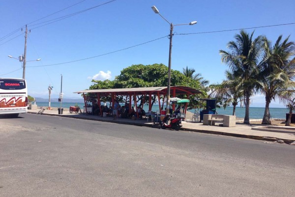 Bus stop for Monteverde and Liberia outside the bus station in Puntarenas, Costa Rica