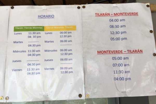 bus schedule Tilaran to Monteverede Costa Rica