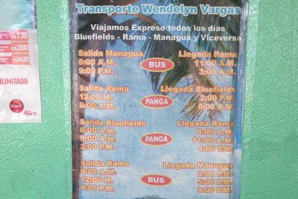 Schedule for buses from Managua to Bluefields with Terminal Costa Atlantica